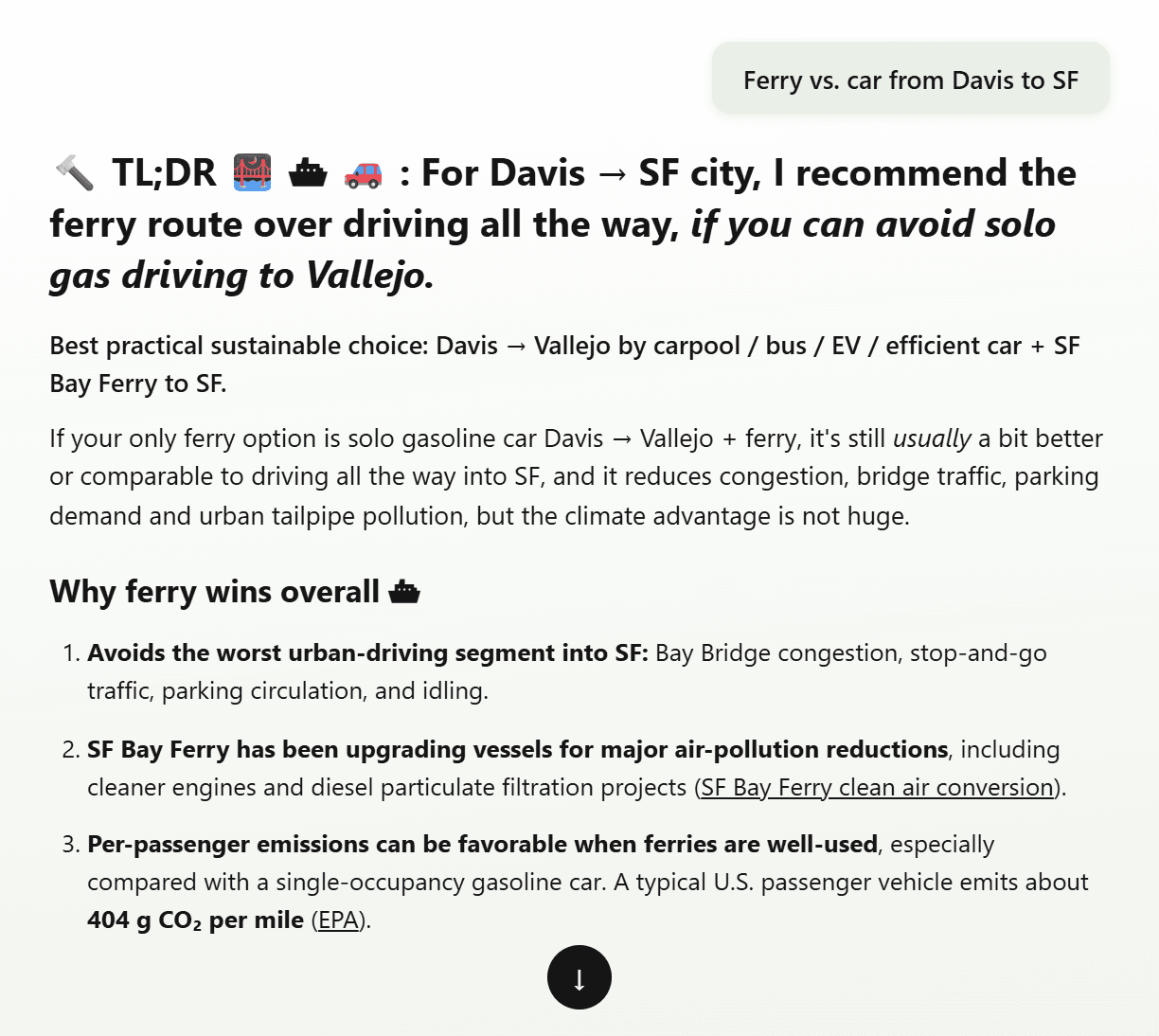 Clim8Assist answer comparing ferry and car from Davis to San Francisco